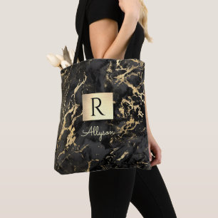 Naam & Monogram, Gouden Doos, Zwart & Goud Marmer Tote Bag