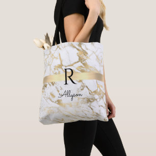 Naam & Monogram, Gouden Staaf, Wit & Gouden Marmer Tote Bag