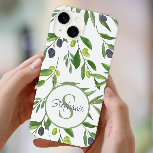 Naam Monogram Groen Aquarel Olijfpatroon Case-Mate iPhone Case