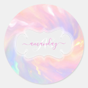 Naam Monogram Holografische Eenhoorn Roze Prinses Ronde Sticker