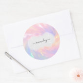 Naam Monogram Holografische Eenhoorn Roze VIP Ronde Sticker (Envelop)