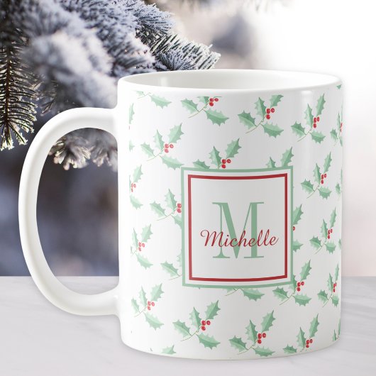 Naam Monogram Kerst Holly Koffiemok