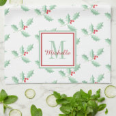 Naam Monogram Kerst Holly Theedoek (Gevouwen)