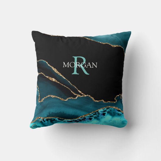 Naam & Monogram Lt Teal Wit, Teal Zwart Goud Agaat Kussen (Achterkant)