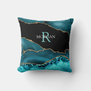 Naam & Monogram Lt Teal Wit, Teal Zwart Goud Agaat Kussen