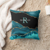 Naam & Monogram Lt Teal Wit, Teal Zwart Goud Agate Kussen (Deken)