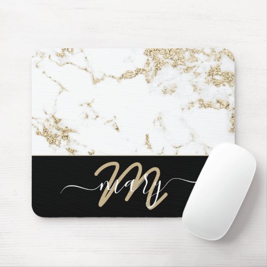 Naam Monogram Marble Gold Elegant Back White Muismat (Met muis)