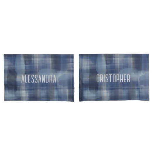 Naam monogram marineblauwe waterverf plaid tartan kussensloop (Voorkant-Set)