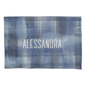 Naam monogram marineblauwe waterverf plaid tartan kussensloop (Voorkant-Links)