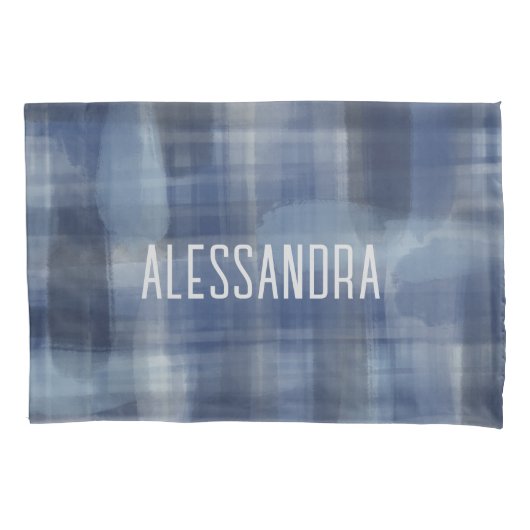 Naam monogram marineblauwe waterverf plaid tartan kussensloop (Voorkant-Links)