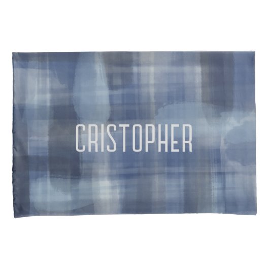 Naam monogram marineblauwe waterverf plaid tartan kussensloop (Voorkant-Rechts)