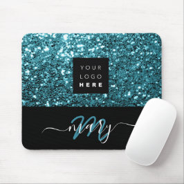 Naam Monogram Minimale Blauwe Glitter Logo Muismat