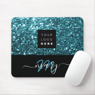 Naam Monogram Minimale Blauwe Glitter Logo Muismat
