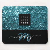 Naam Monogram Minimale Blauwe Glitter Logo Muismat (Voorkant)