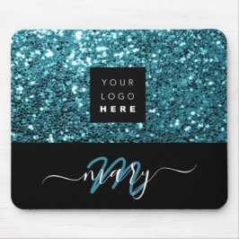 Naam Monogram Minimale Blauwe Glitter Logo Muismat
