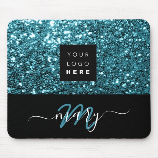 Naam Monogram Minimale Blauwe Glitter Logo Muismat (Voorkant)