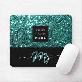 Naam Monogram Minimale Blauwgroen Glitter Logo Muismat