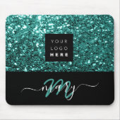 Naam Monogram Minimale Blauwgroen Glitter Logo Muismat (Voorkant)