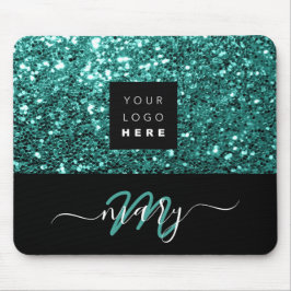 Naam Monogram Minimale Blauwgroen Glitter Logo Muismat