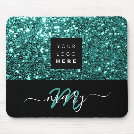 Naam Monogram Minimale Blauwgroen Glitter Logo Muismat (Voorkant)