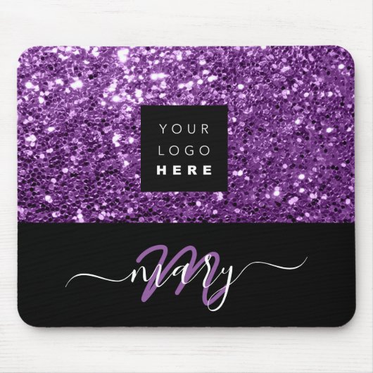 Naam Monogram Minimale Paarse Glitter Logo Muismat (Voorkant)