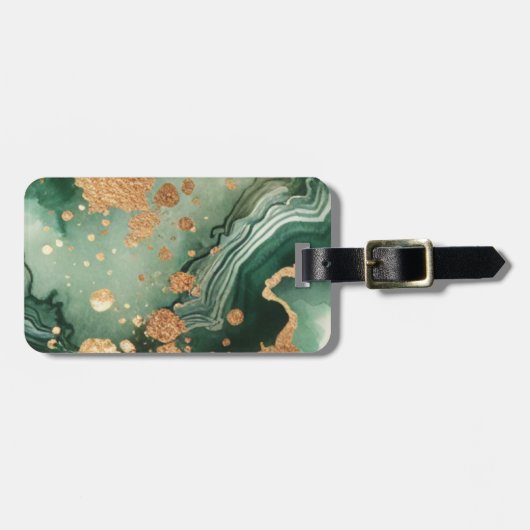 Naam Monogram Modern Goud & Groene Geode | Bagagelabel (Voorkant horizontaal)