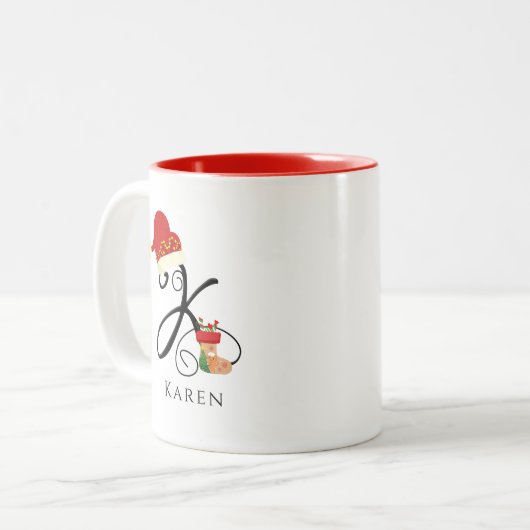 Naam Monogram Modern Script Letter K Christmas Tweekleurige Koffiemok (Voorkant links)
