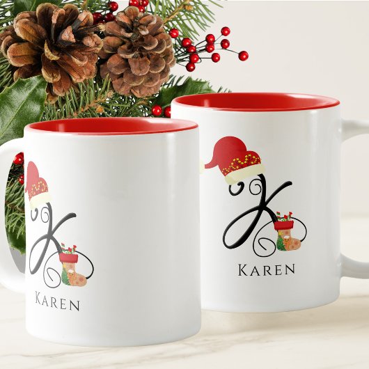 Naam Monogram Moderne Script Letter K Kerstmis Tweekleurige Koffiemok