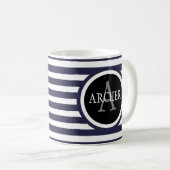 Naam monogram Navy Stripes Koffiemok (Voorkant rechts)
