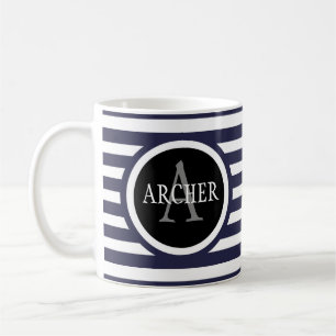 Naam monogram Navy Stripes Koffiemok