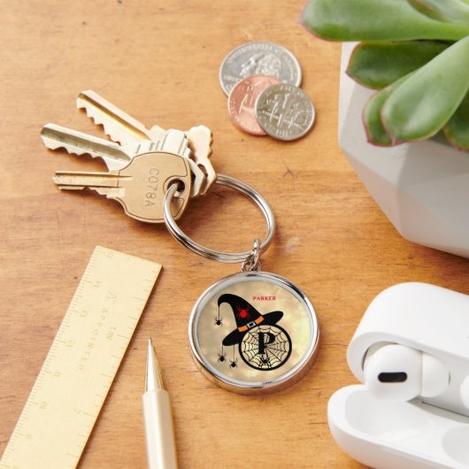 Naam Monogram P Halloween Sky Witch Spiders Sleutelhanger (Bureau)