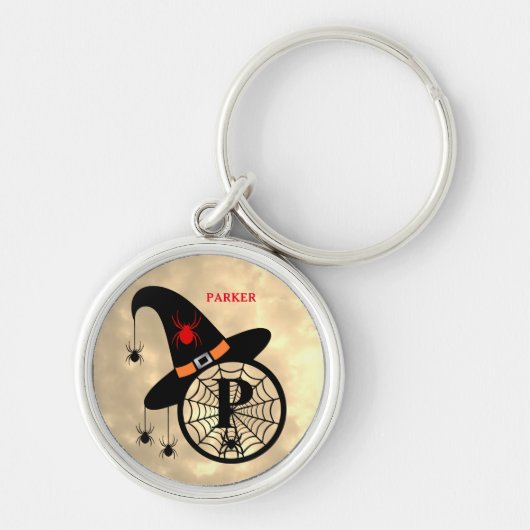Naam Monogram P Halloween Sky Witch Spiders Sleutelhanger (Voorkant)