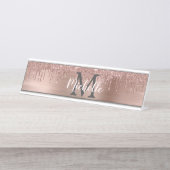 Naam Monogram Pink Rose Gold Glitter Dripping Bureau Naambordje (Voorkant)
