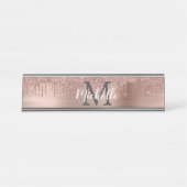 Naam Monogram Pink Rose Gold Glitter Dripping Bureau Naambordje (Voorkant)