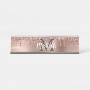 Naam Monogram Pink Rose Gold Glitter Dripping Bureau Naambordje