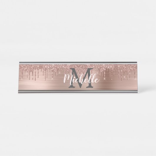Naam Monogram Pink Rose Gold Glitter Dripping Bureau Naambordje (Voorkant)