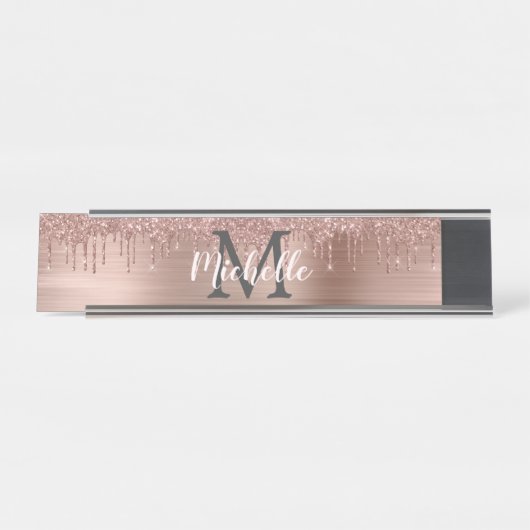Naam Monogram Pink Rose Gold Glitter Dripping Bureau Naambordje (Voorkant)