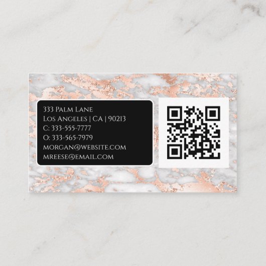 Naam/monogram, QR-code, grijs/Roos goudmarmer, Vs3 Visitekaartje (Achterkant)