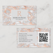Naam & Monogram, QR-code, Grijs & Roze Goud Marmer Visitekaartje (Voorkant / Achterkant)