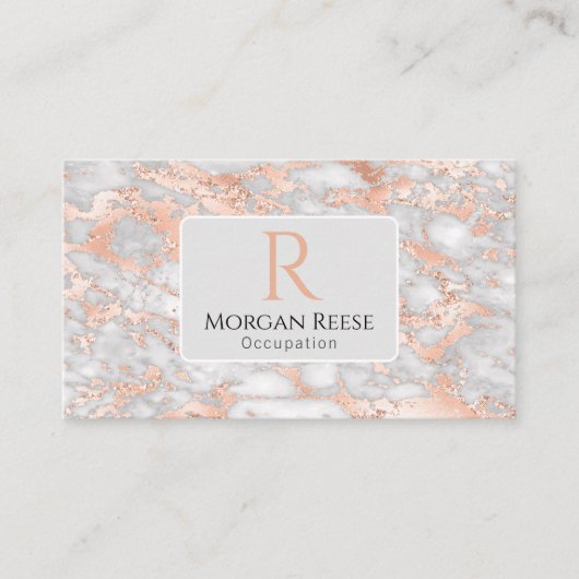Naam & Monogram, QR-code, Grijs & Roze Goud Marmer Visitekaartje (Voorkant)
