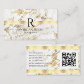 Naam & Monogram, QR-code, Wit & Goud Marmer Visitekaartje (Voorkant / Achterkant)