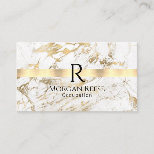 Naam & Monogram, QR-code, Wit & Goud Marmer Visitekaartje (Voorkant)