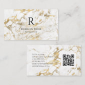 Naam & Monogram, QR-code, Wit & Goud Marmer Vs 6 Visitekaartje (Voorkant / Achterkant)