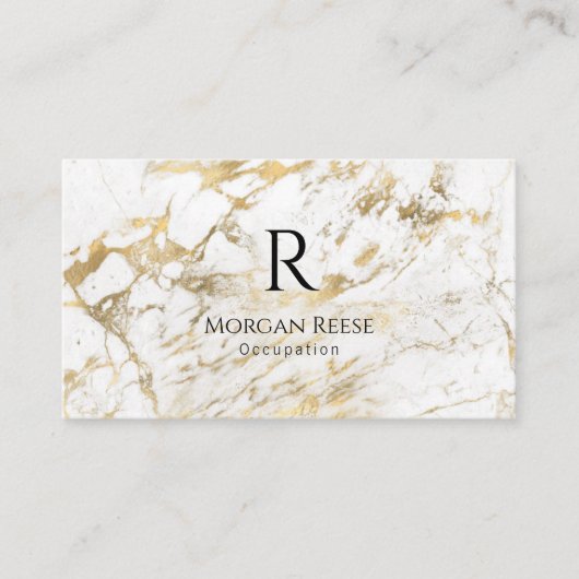 Naam & Monogram, QR-code, Wit & Goud Marmer Vs 6 Visitekaartje (Voorkant)