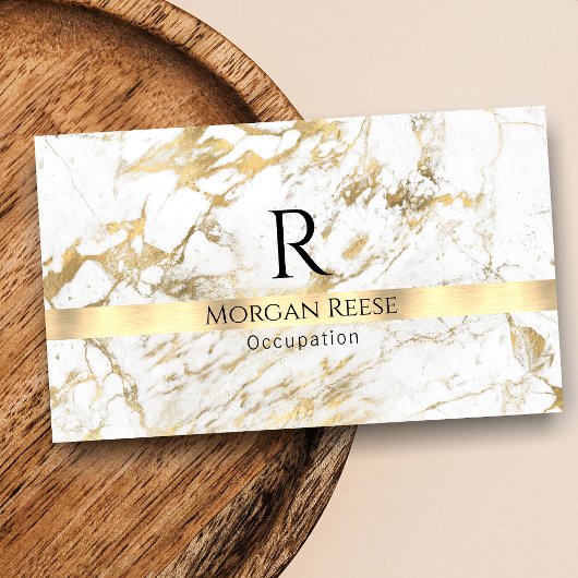 Naam & Monogram, QR-code, Wit & Gouden Marmer Vs 3 Visitekaartje