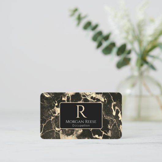 Naam/monogram, QR-code, zwart/goudmarmer Vs2 Visitekaartje (Staand voorkant)