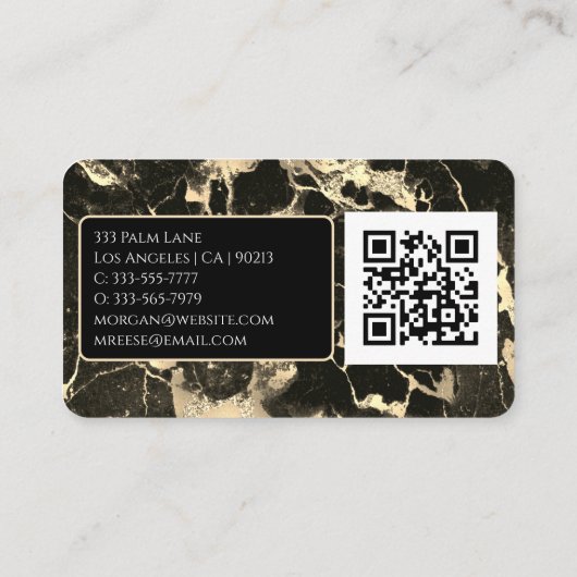 Naam/monogram, QR-code, zwart/goudmarmer Vs2 Visitekaartje (Achterkant)