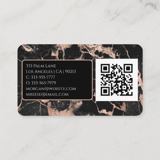 Naam/monogram, QR-code, zwart/Roos goudmarmer Vs2 Visitekaartje (Achterkant)