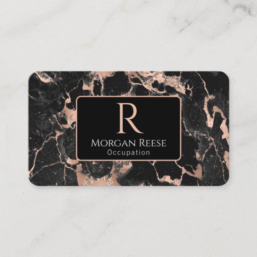 Naam/Monogram, QR-code, Zwart/Roze Goud Marmer Vs2 Visitekaartje (Voorkant)