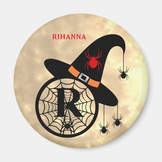 Naam Monogram R Halloween Sky Witch Spiders Magneet (Voorkant)